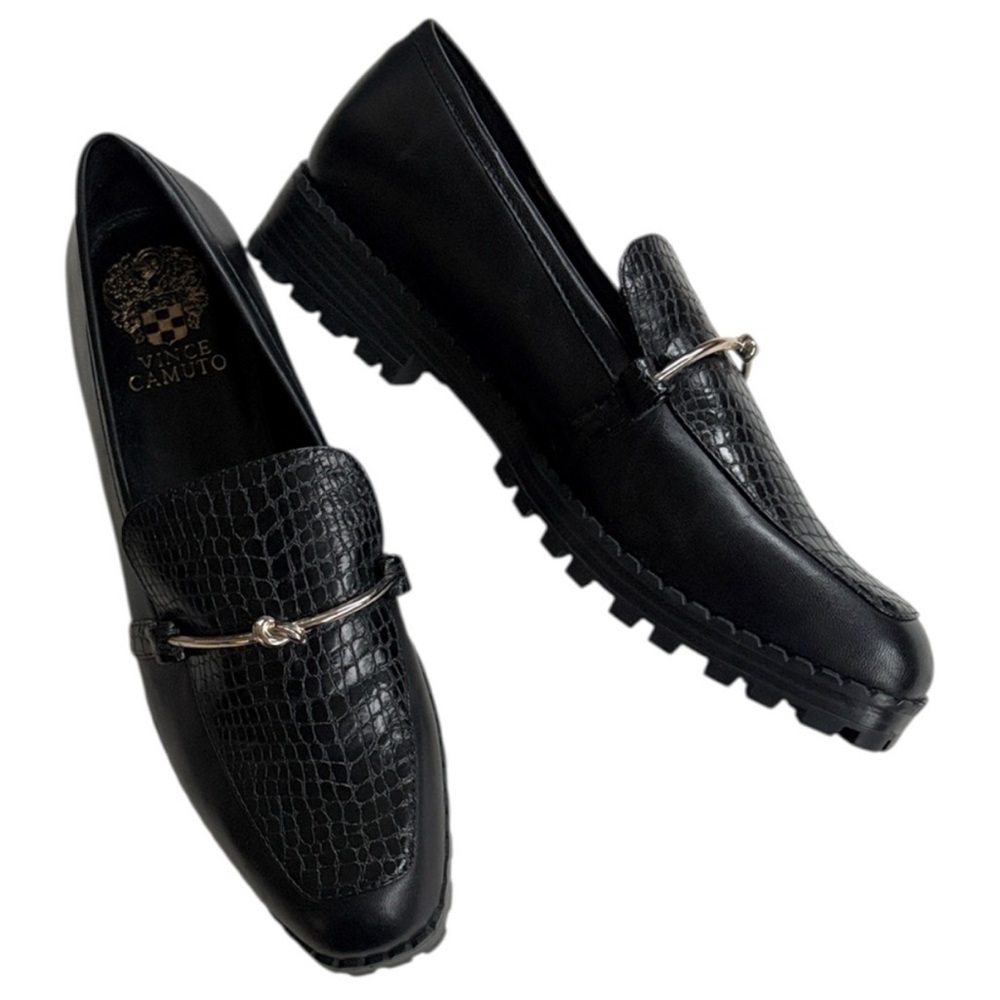 Vince Camuto Black Croc-Embossed Leather Loafers